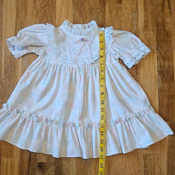 Vtg Sears Dress Girls 2T Pastel Plaid Lace Puff Sleeve Ruffle Easter Cottagecore - Picture 9 of 10